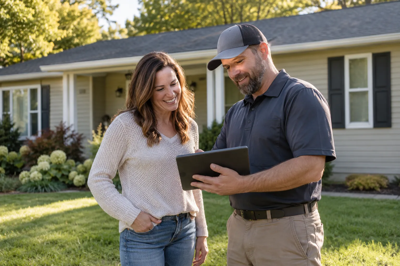 A homeowner checking roof photos with a local provider in the DISH area